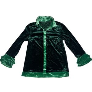 Emerald Green Velvet Button Front Shirt With Ruffle Cuffs Women
